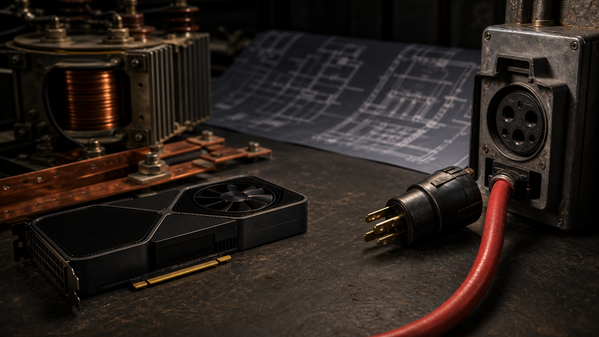 AI-generated editorial still life of an unplugged GPU module beside a red industrial power cable and transformer hardware
