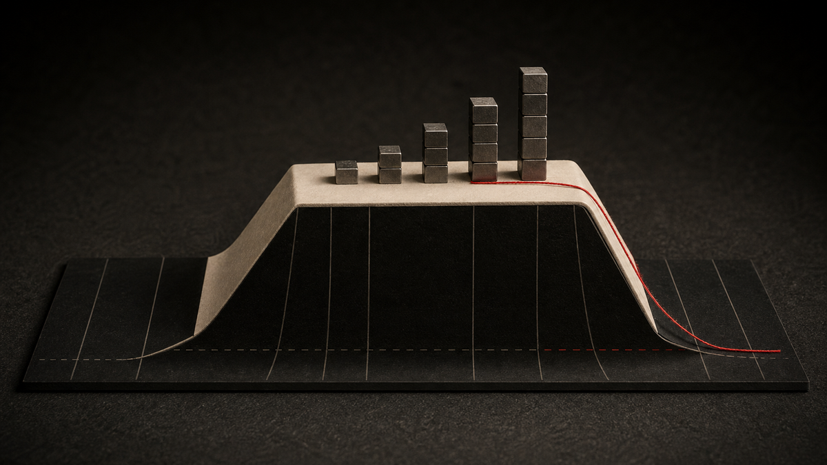 AI-generated editorial still life of a physical options payoff model with stacked blocks and a red risk line falling off one side