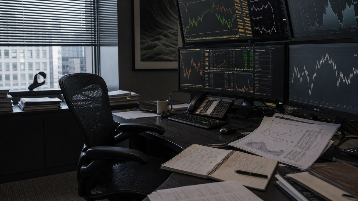 AI-generated editorial illustration of a macro trading desk