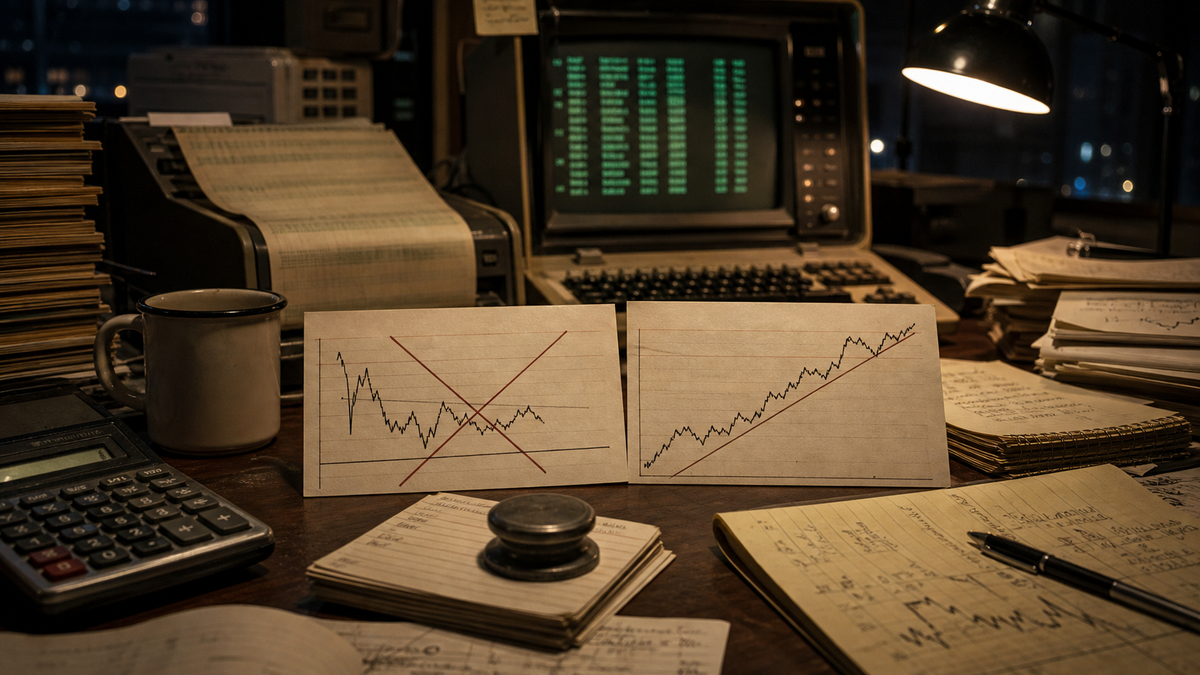 AI-generated editorial illustration of an old systems-trading desk with one losing chart crossed out and one winning trend left open