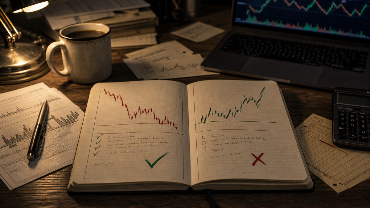 AI-generated editorial illustration of a trading journal showing a losing chart with a check mark and a winning chart with a crossed-out plan