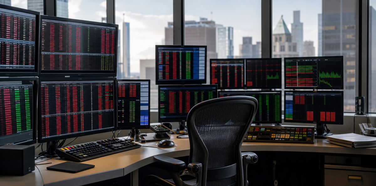 AI-generated editorial illustration of a trading-system failure