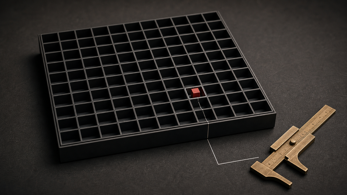 AI-generated editorial still life of a black risk grid with one red cube and a brass measuring caliper