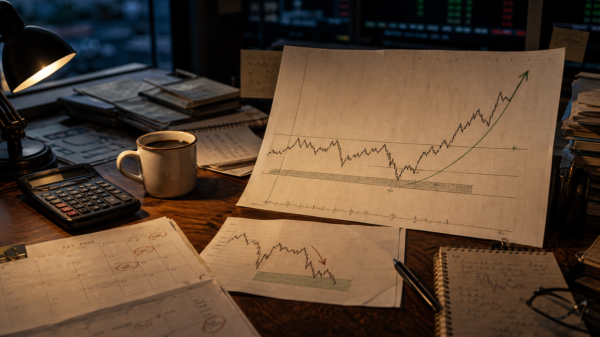 AI-generated editorial illustration of a market analyst desk with paper charts showing a pullback and a rising wave