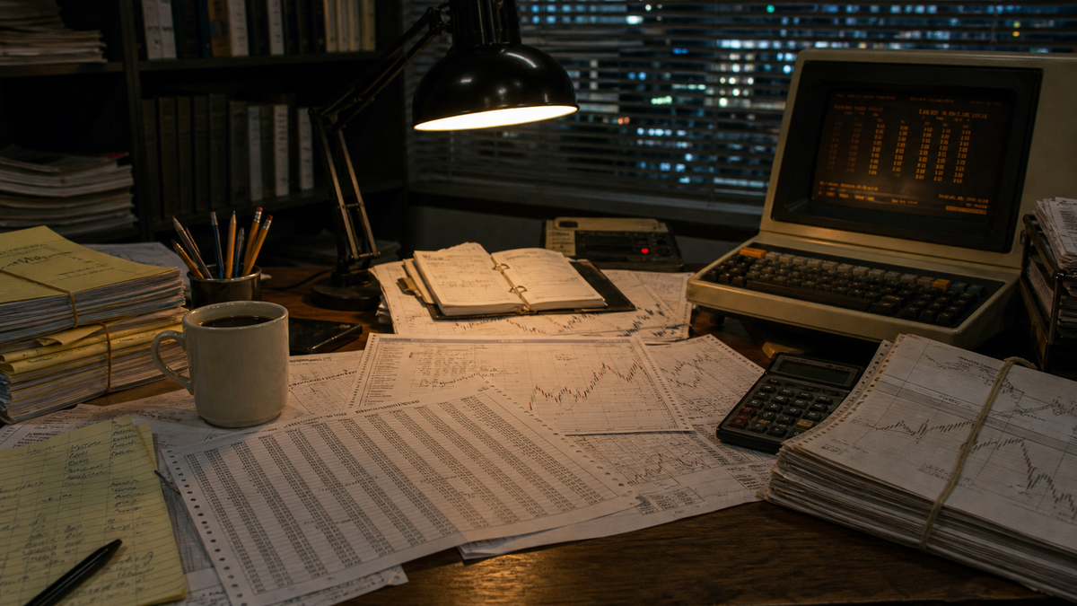 AI-generated editorial illustration of a futures trading desk