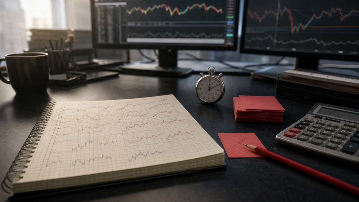 AI-generated editorial illustration of a futures trading desk with a small red loss ticket