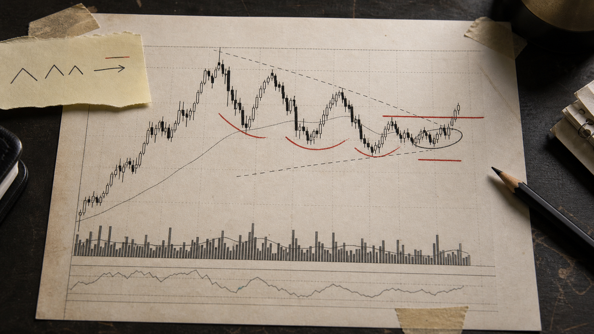 AI-generated editorial image of an anonymous marked-up stock chart showing an uptrend, tightening base, pivot line, and stop line