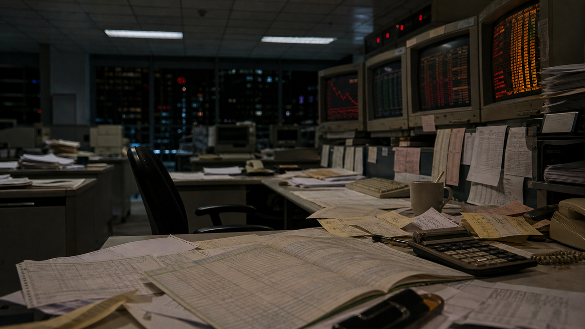 AI-generated editorial illustration of a Barings-era trading desk and ledger