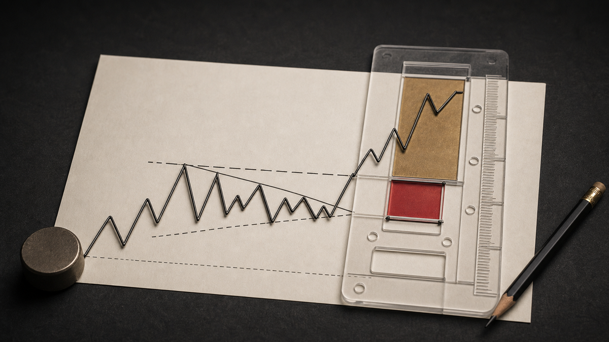 AI-generated editorial still life of a physical chart pattern with a transparent reward-to-risk measuring template
