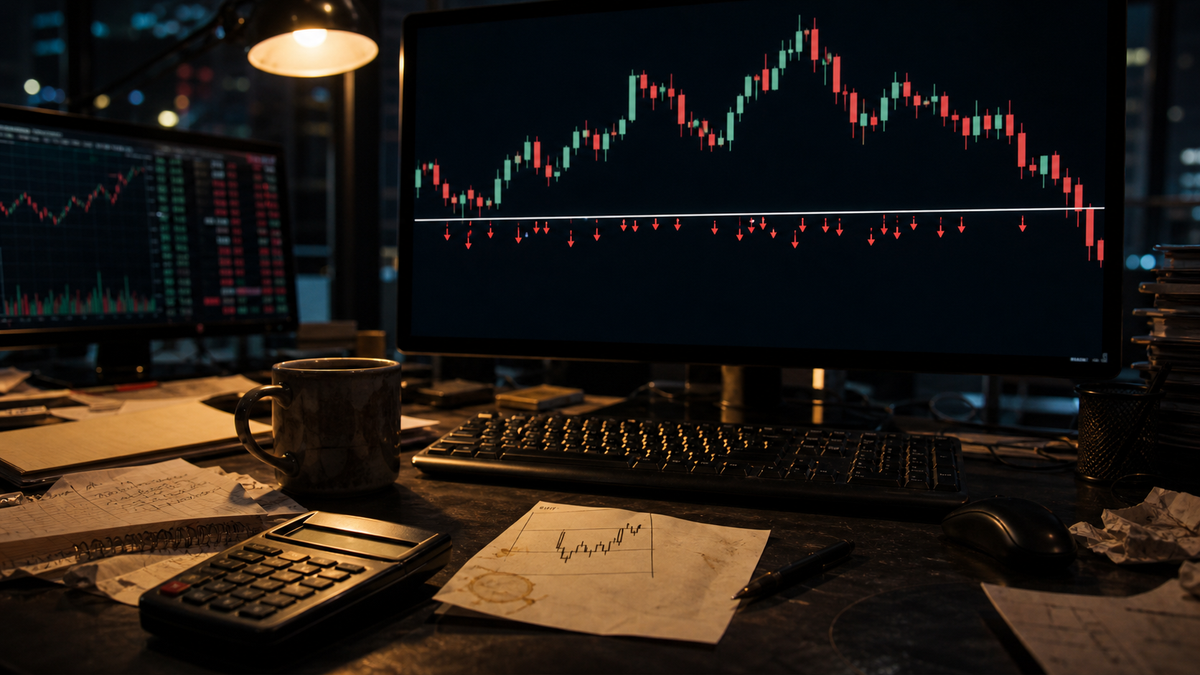 AI-generated editorial illustration of a trading screen with clustered stop markers below an obvious price level