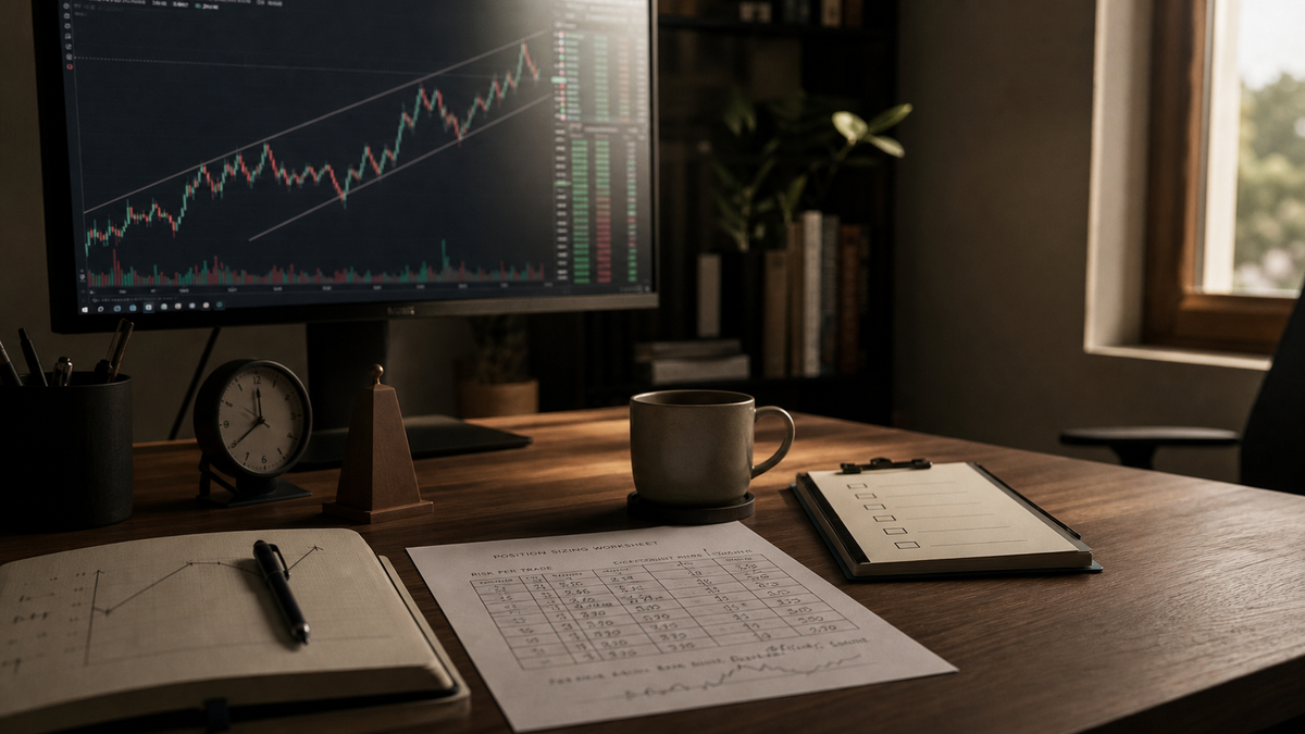AI-generated editorial illustration of a calm systematic trading desk with charts, order notes, and a position-sizing worksheet