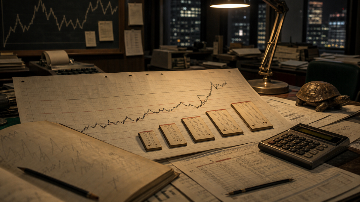 AI-generated editorial illustration of an old futures trading desk with paper charts, position cards, and a small turtle paperweight
