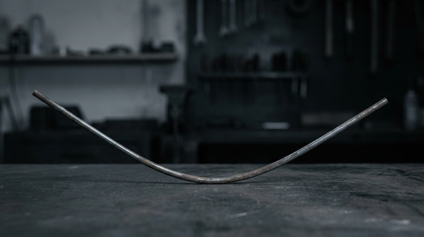 AI-generated editorial still life of a single steel rod bent into a long arc that is visibly sagging and deforming under its own weight