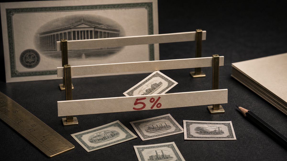 AI-generated editorial still life of paper equity cards below a red 5% hurdle with a government bond certificate behind it