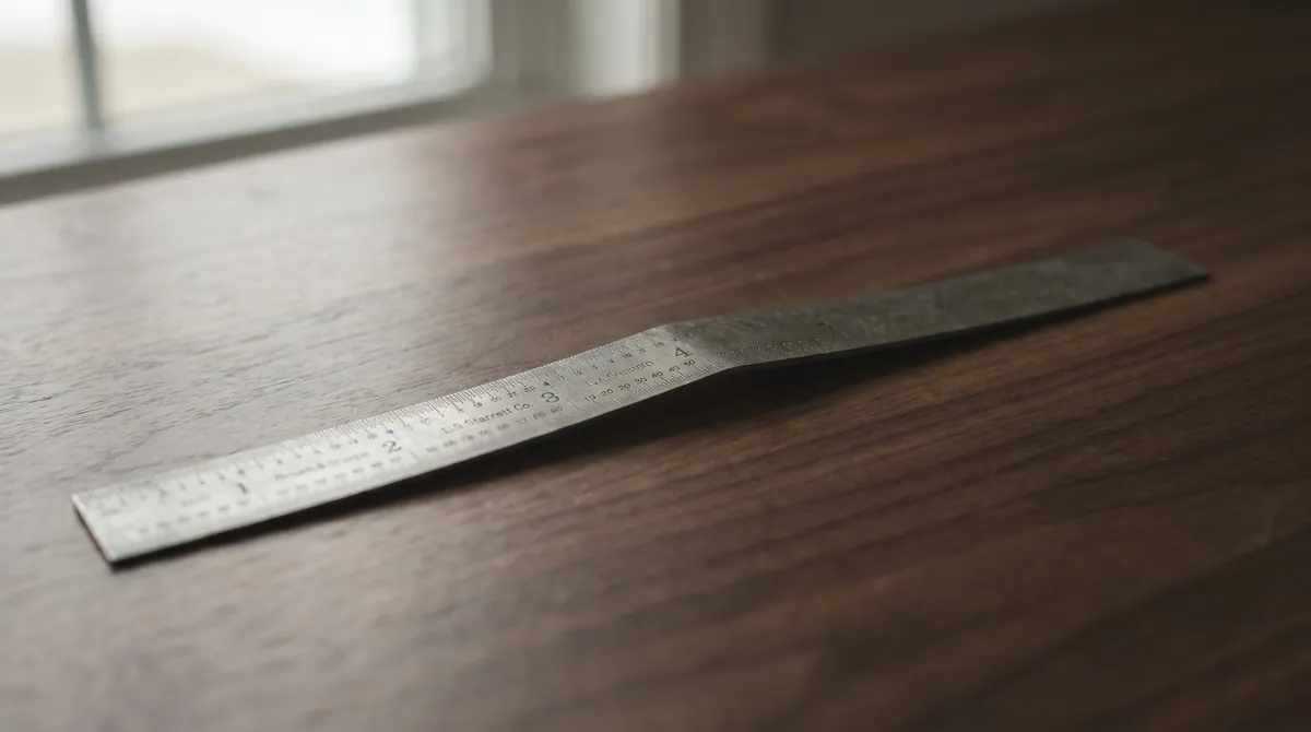 Editorial illustration of a vintage steel machinist's ruler bent visibly in the middle on a dark walnut desk — precision giving way under its own length.