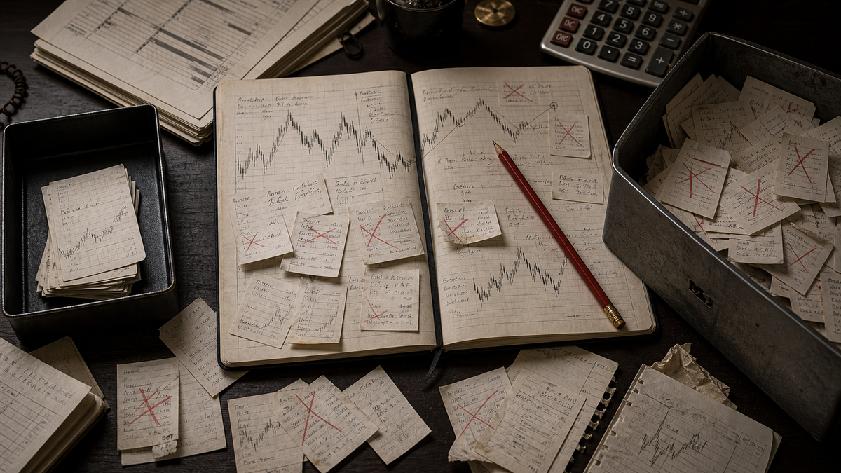 AI-generated editorial still life of a trading journal with many crossed-out trade tickets and a discard box