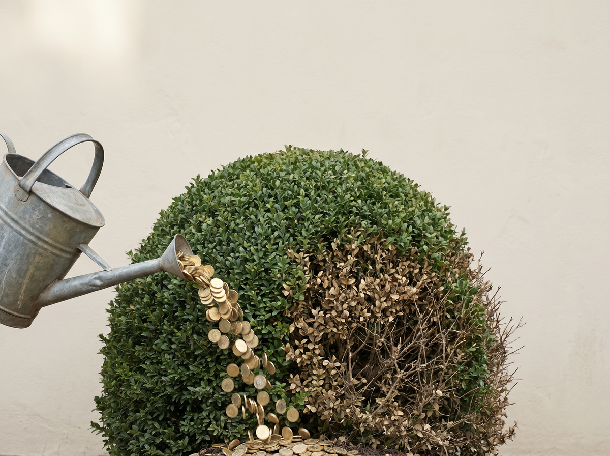 AI-generated editorial still life of a single ornamental boxwood hedge trimmed into a dome shape, with a dented watering can at its base pouring gold coins into the roots, the front-right corner already browning where the coin stream runs dry.