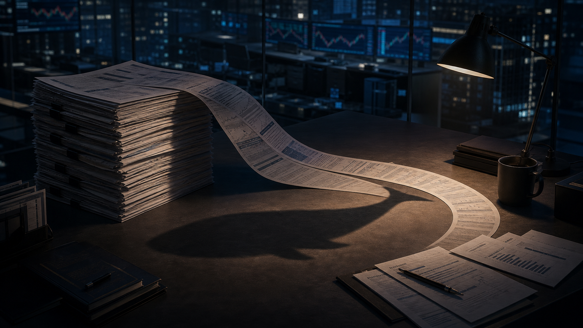 Editorial illustration of a dark institutional trading desk, a stack of risk sheets and an abstract whale-shaped shadow cast by a curved paper trail.